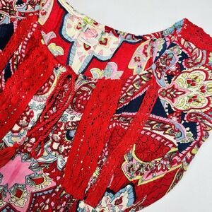 Bila Boho Paisley Floral Dress Womens Small Red Blue Crochet Trim Fit Flare Midi